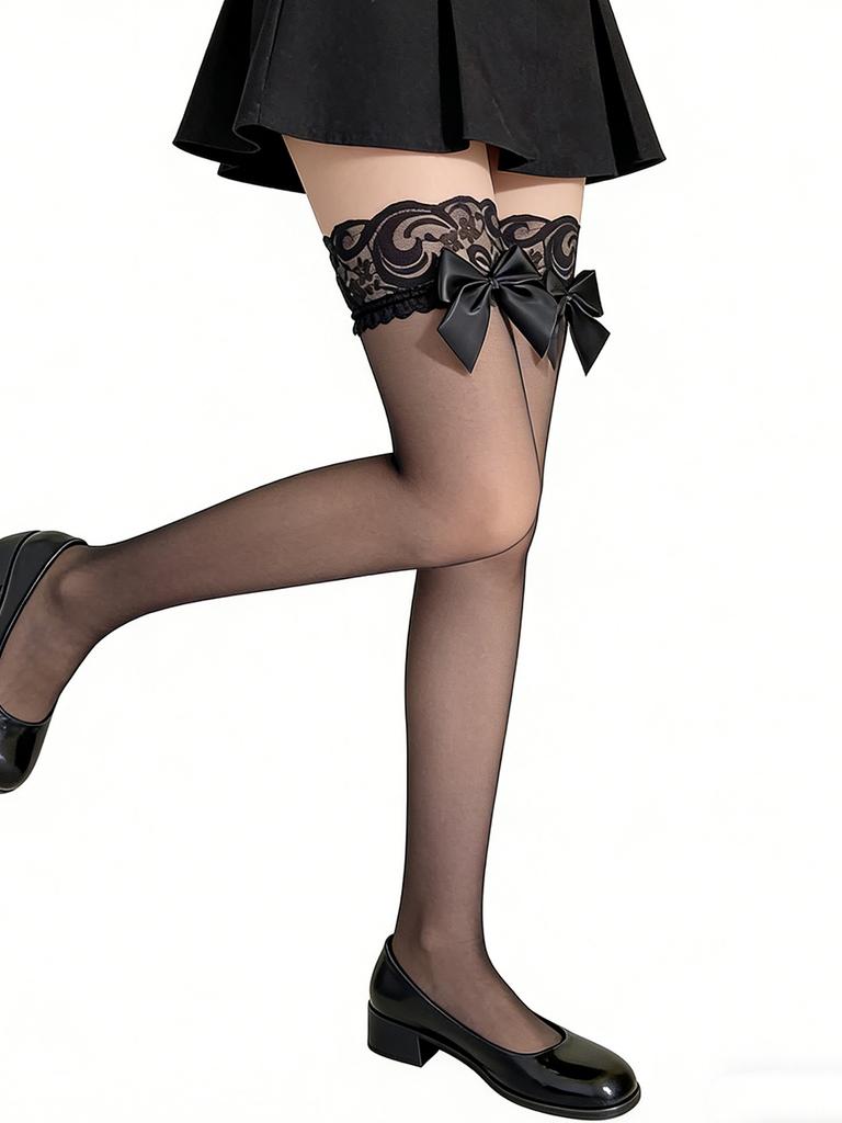 1 Pair Women'S Black Sheer Thigh High Socks With Lace & Bow, Sweet Pure Desire Style Anti-Slip Hosiery For Valentine'S Date