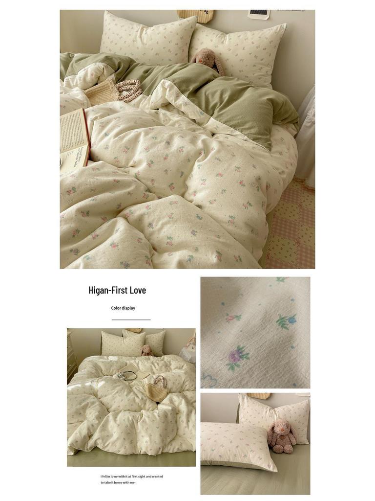 Floral Soft Cloud-Feel Double-Layer Gauze Bedding Set: Machine Washable, Small Student Dormitory Size, 3-Piece