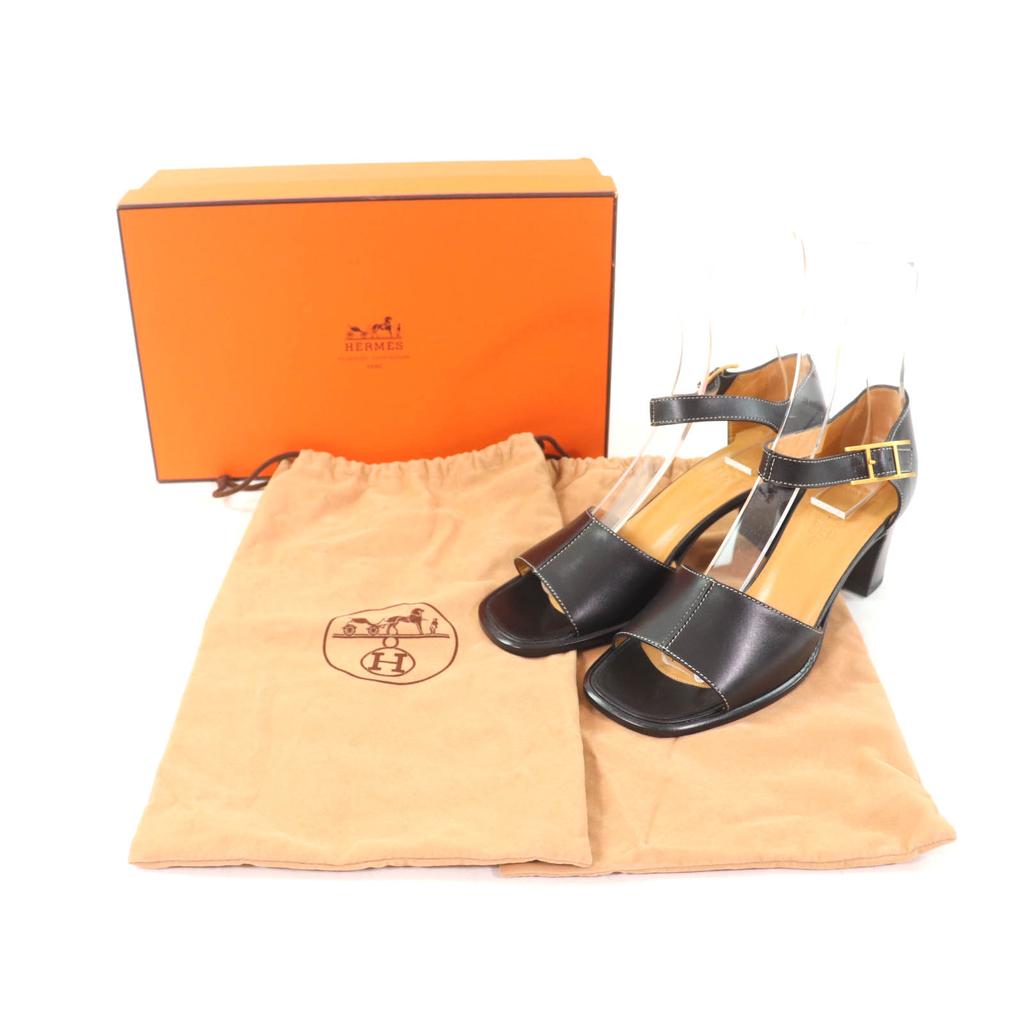 Excellent HERMES Sandals Ankle Strap with API Metal Black Leather Women 35.5 Used