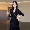 French Black V-Neck Polka Dot Long Sleeve Women's Dress, A-Line Slim Fit Cinched Waist, Spring/Autumn Style