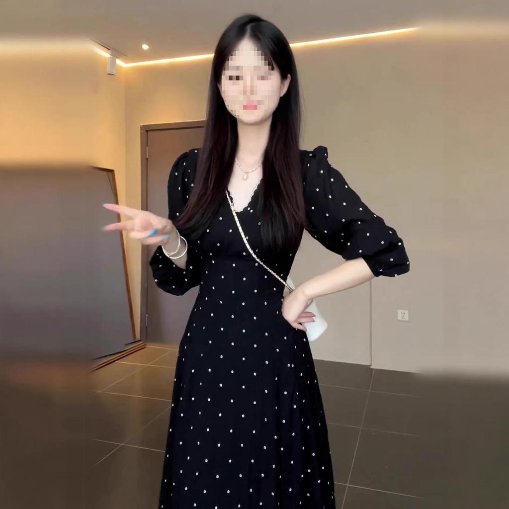 French Black V-Neck Polka Dot Long Sleeve Women's Dress, A-Line Slim Fit Cinched Waist, Spring/Autumn Style