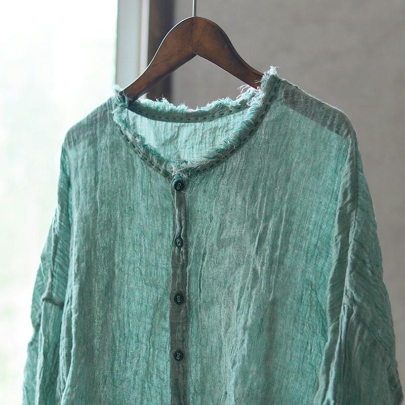 Johnature Vintage Women Shirts O-Neck Long Sleeve Button Blouses Autumn Loose Solid Color Casual Female Shirts