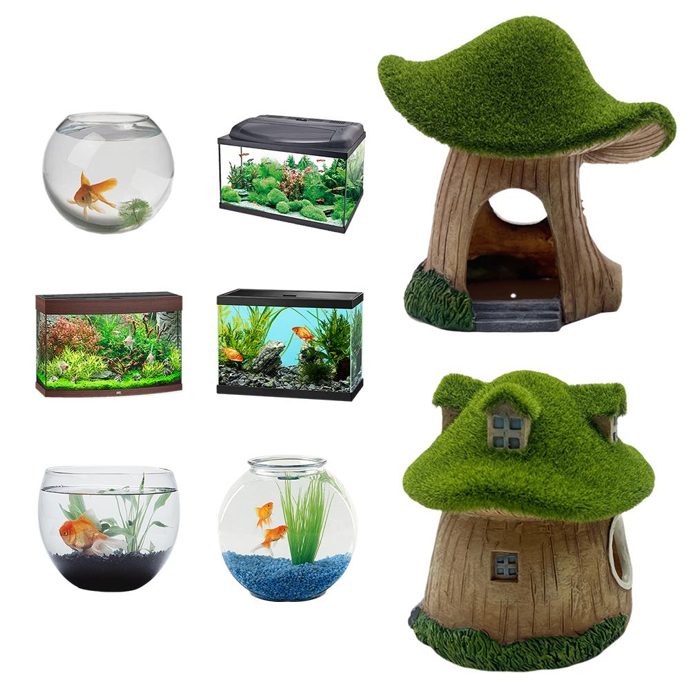 Aquarium Decoration Mushroom House Resin Fish Cave Shrimp Hideout Shelter Moss Mushroom Small House Decor for Home Fish Tanks