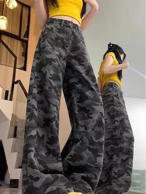 Spring Women s Plus Size American Camouflage Loose-Fit High-Waisted Wide-Leg Jeans Extra Large