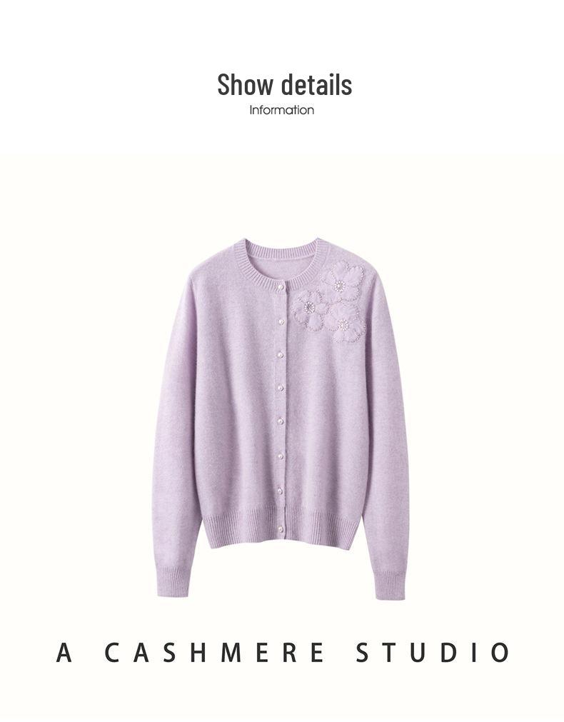 2026 Autumn/Winter Women's Cashmere Cardigan - Round Neck, Cute Style with Three Flower Design, Single-Breasted Jacket