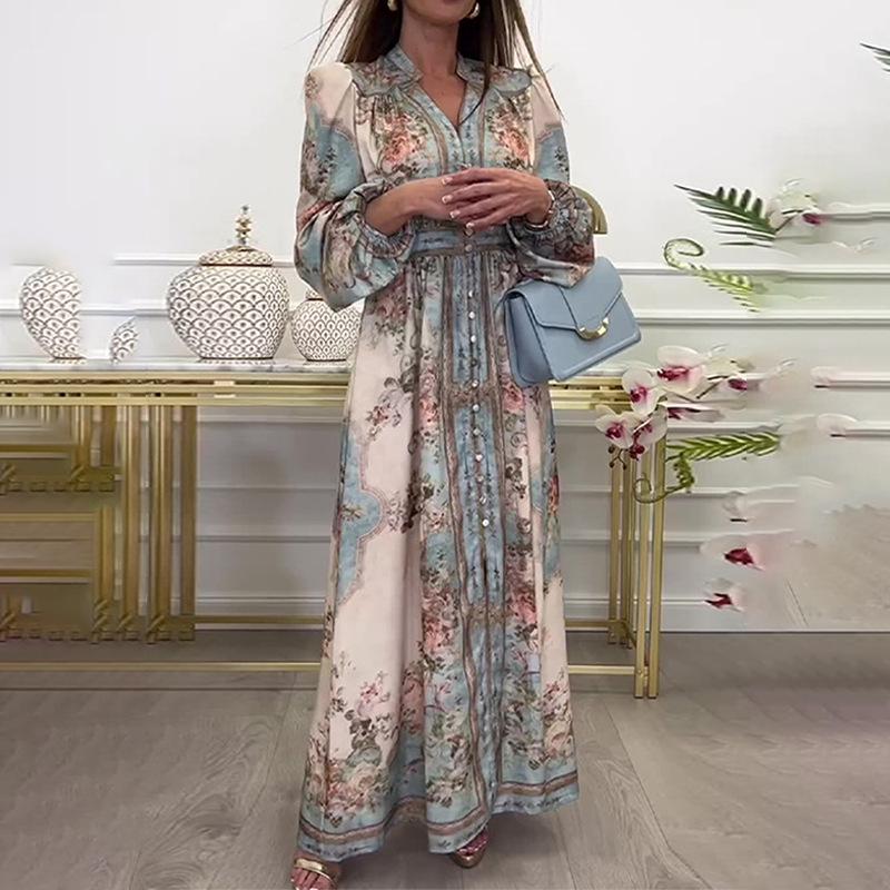 

2025 Euro-American Women s V-Neck Long-Sleeve Retro Court-Style Spring Dress L