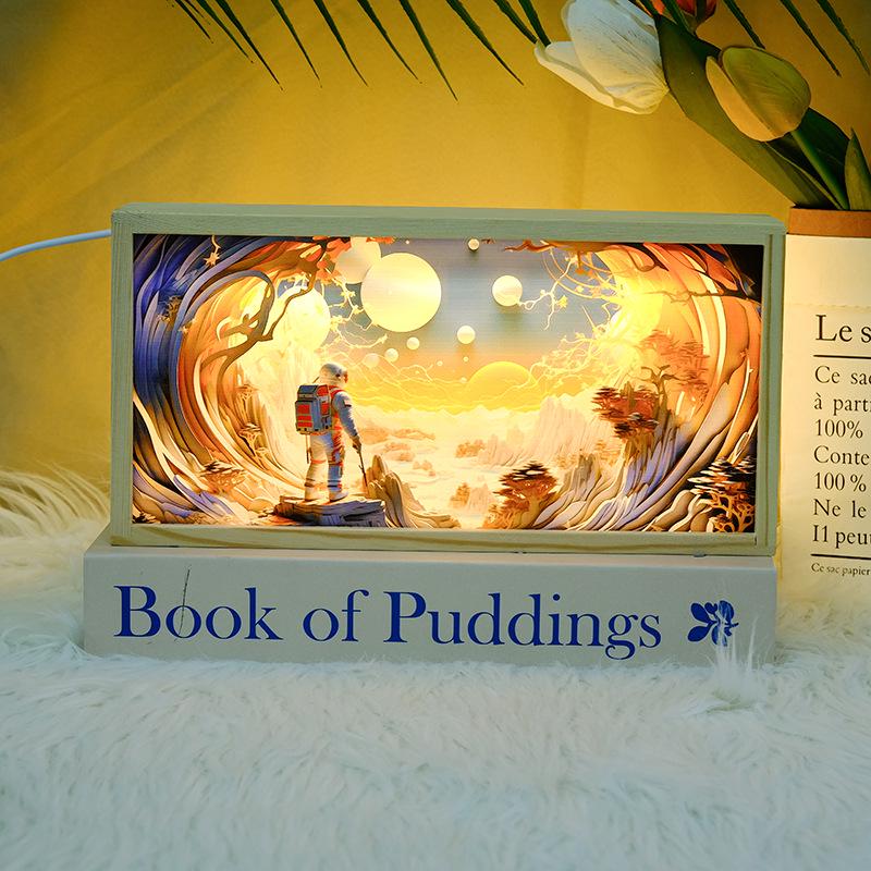 

Creative Cartoon Wooden Frame Night Light - Bedroom Bedside Lamp with Acrylic Ornament 26*6*13cm