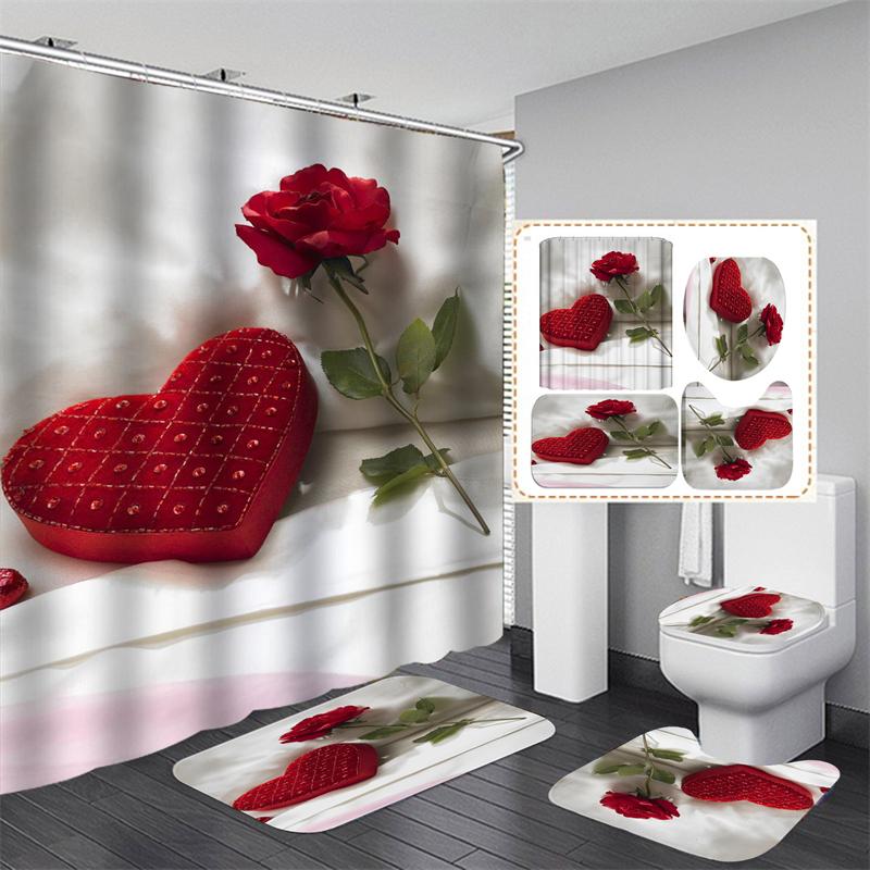 Valentine's Day Bathroom Bathing Waterproof Shower Curtain Home Entrance Doormat Bathtub 4Pcs Set Toilet Seat Cover Rugs Bath Non-Slip Floor Mat Love