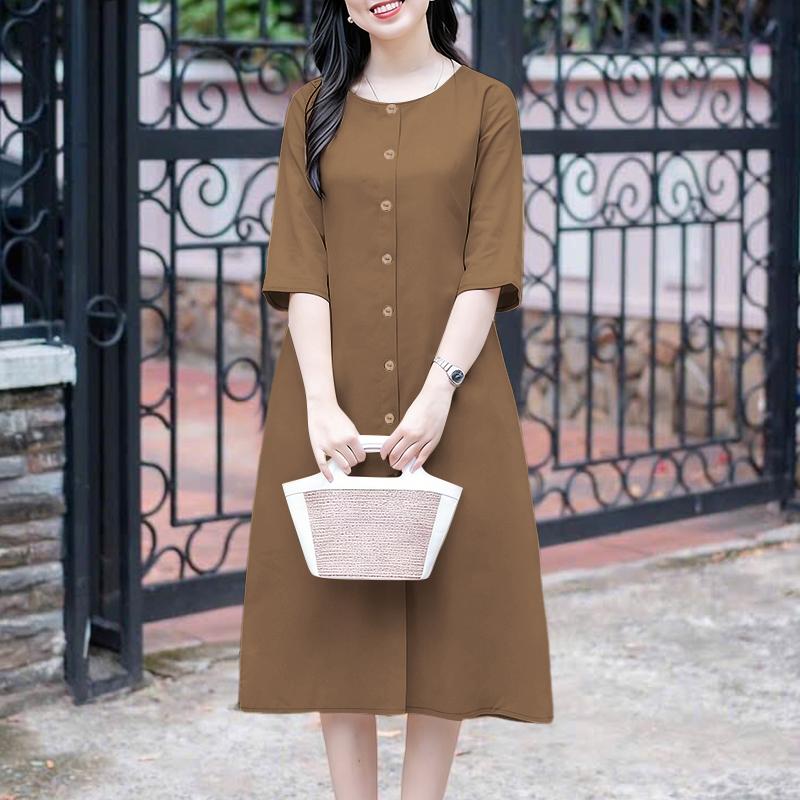 ZANZEA Women Casual Round Neck Solid Color 3/4 Sleeve Loose Dress