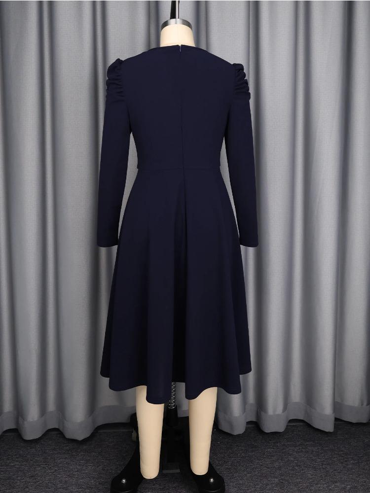 Kvinnor Elegant A-linje Kyrklig Klänning O-hals Rynkad Långärmad Knappbälte Hög Midja Formella Evenemang Arbete Chic Kontorsdam Klänning