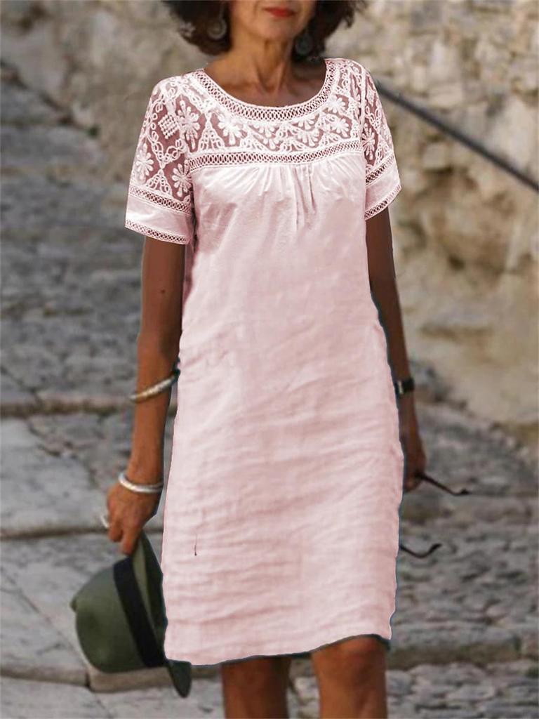 2026 Spring/Summer Casual Lace Patchwork Round Neck Cotton Linen Solid Color Short Sleeve Dress