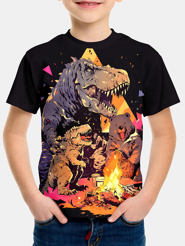 3D Print Digital Dinosaur Boys Creative T-shirt, Casual Lightweight Comfy Short Sleeve Tee Tops, Kids Clothings For Summer