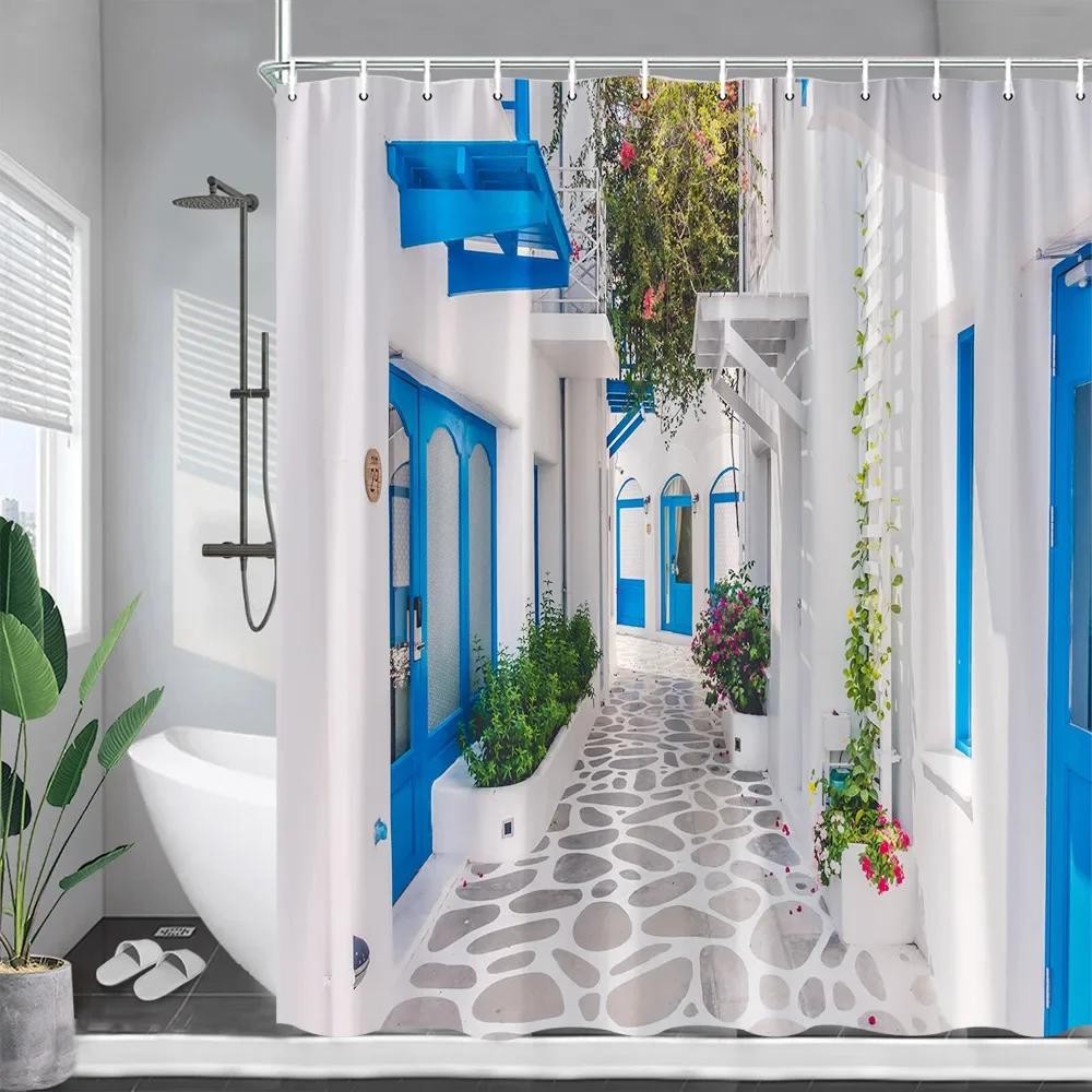 Tonnika Chen Blue/White Greek Street Shower Curtains Wooden Door Architectural Plants Flowers Wall Hanging Bathroom Curtain Decor With Hooks