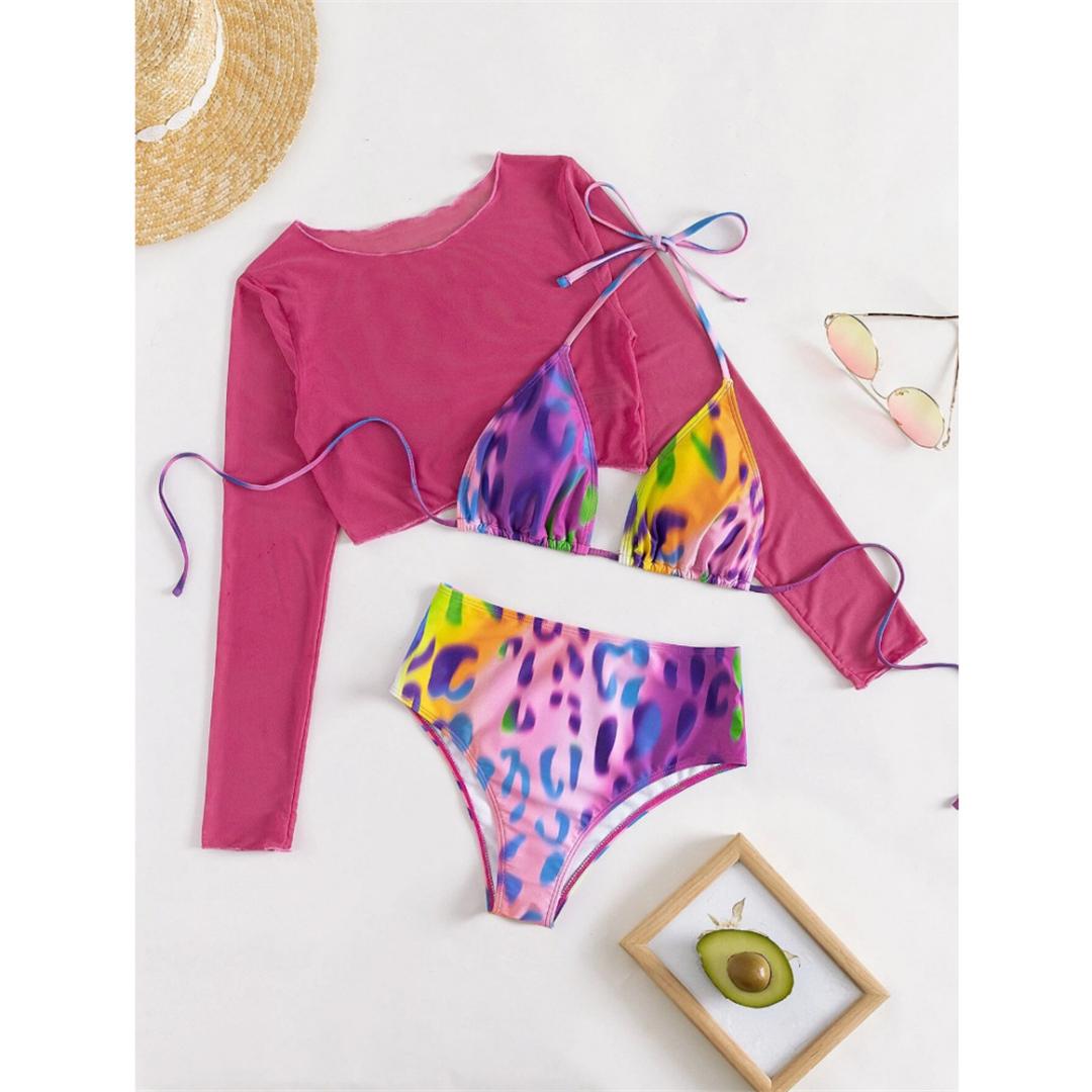 

Бикини с длинным рукавом и принтом, высокая талия, женский купальник, женские купальники, комплект бикини из трех предметов, купальный костюм, купальный костюм для леди M розовый