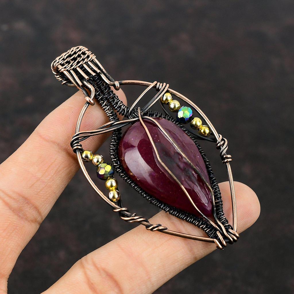 Faceted Kashmir Ruby Pendant Copper Wire Wrapped Pendant Titanium Beads Pendant Handmade Gemstone Pendant Copper Wire Jewelry Gift For Women