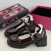 Versatile Round Head Thick Heel British Style Black Retro Small Leather Shoes for Women's New Shallow Mouth French Mary Jane Small Leather Shoes Fo