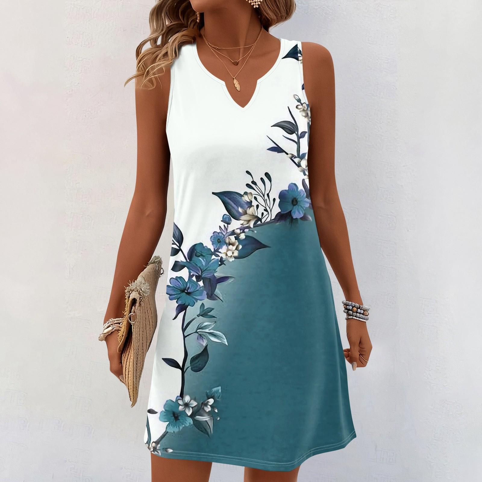 

Женские летние платья с V-образным вырезом и принтом без рукавов Сарафан Повседневное платье M синий