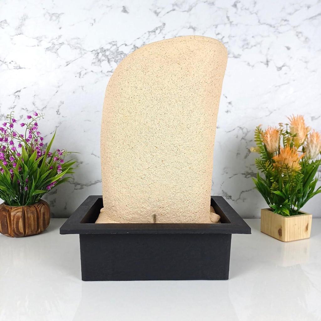 3 Step Curve Diya Table Top Water Fountain with LED RGB Light for Home Decor/Office/Gift/House Warming Gift/Marriage Gift (Biege Stone)