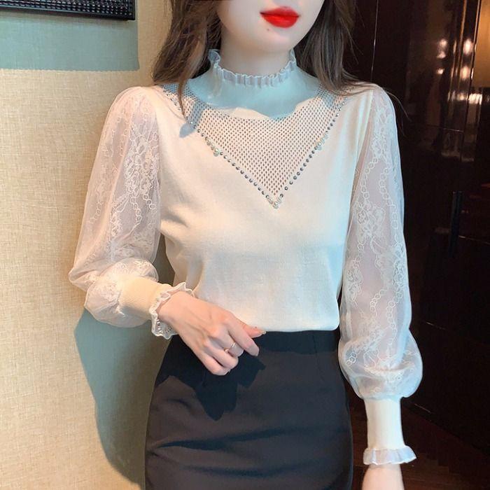 Spring Autumn New French Half High Neck Lace Bottoming Shirt Women's Long Sleeve Knitwear Pullvers Top