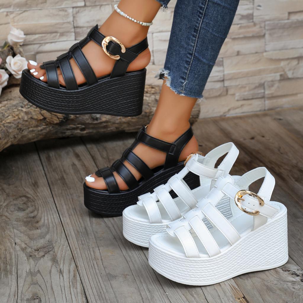 Fashion Wedge Heel Roman Sandals 2025 New Summer High Heel Thick-soled Women's Shoes Fashionable One-word Buckle Platform Sandals