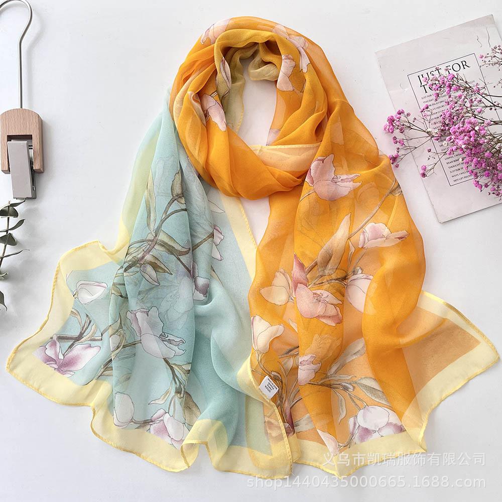 Neuer Sonnenschutz Langer Seidenschal Mohnblume Dünne Imitationsseide Frühling und Sommer Georgette Dekoration Damen Bedruckter Schal
