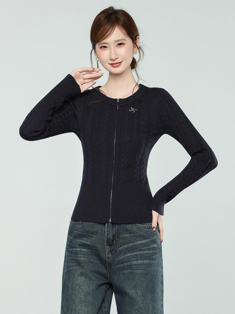 Navy blue twist long-sleeved knitted sweater jacket winter new bottoming shirt with slim-fitting thickened cardigan top women