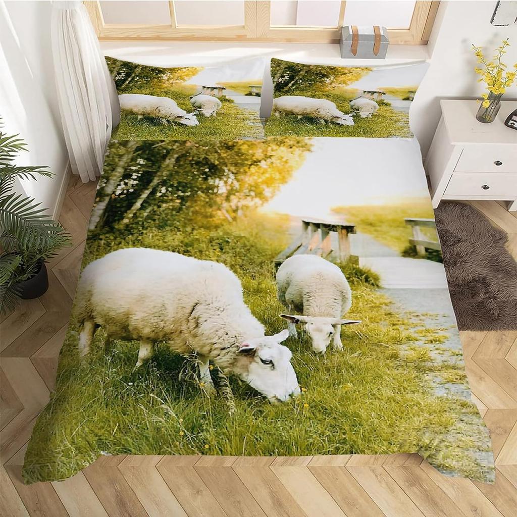 Cute Sheep Duvet Cover King Queen Funny Animal Floral Bedding Set Kids Cartoon Farm Animal Comforter Cover Polyester Quilt Cover