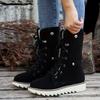 Women's Velvet Short Boots - Lace Up Round Head Flat Bottom Ankle Boots, Non Slip Outsole and Soft Inner Lining, Mid Barrel Style, Durable Grip Floor