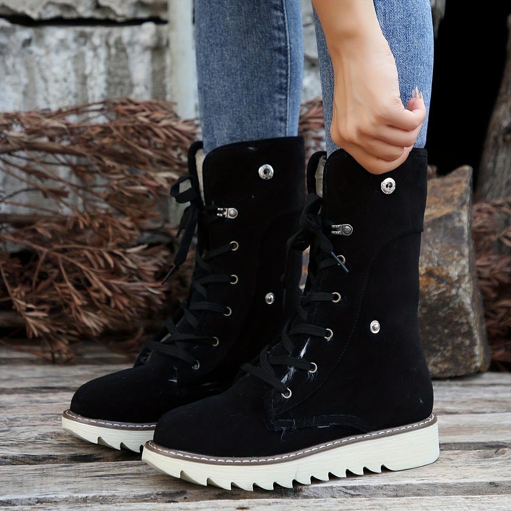 Women's Velvet Short Boots - Lace Up Round Head Flat Bottom Ankle Boots, Non Slip Outsole and Soft Inner Lining, Mid Barrel Style, Durable Grip Floor