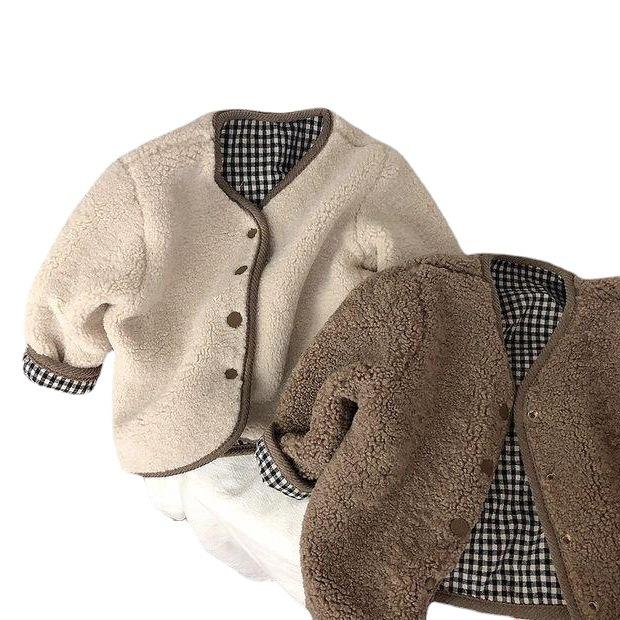 Boys' Fall and Winter Padded Thickened Personalized Two-sided Wear Plaid Sweater Long-sleeved Round Neck Sports Coat