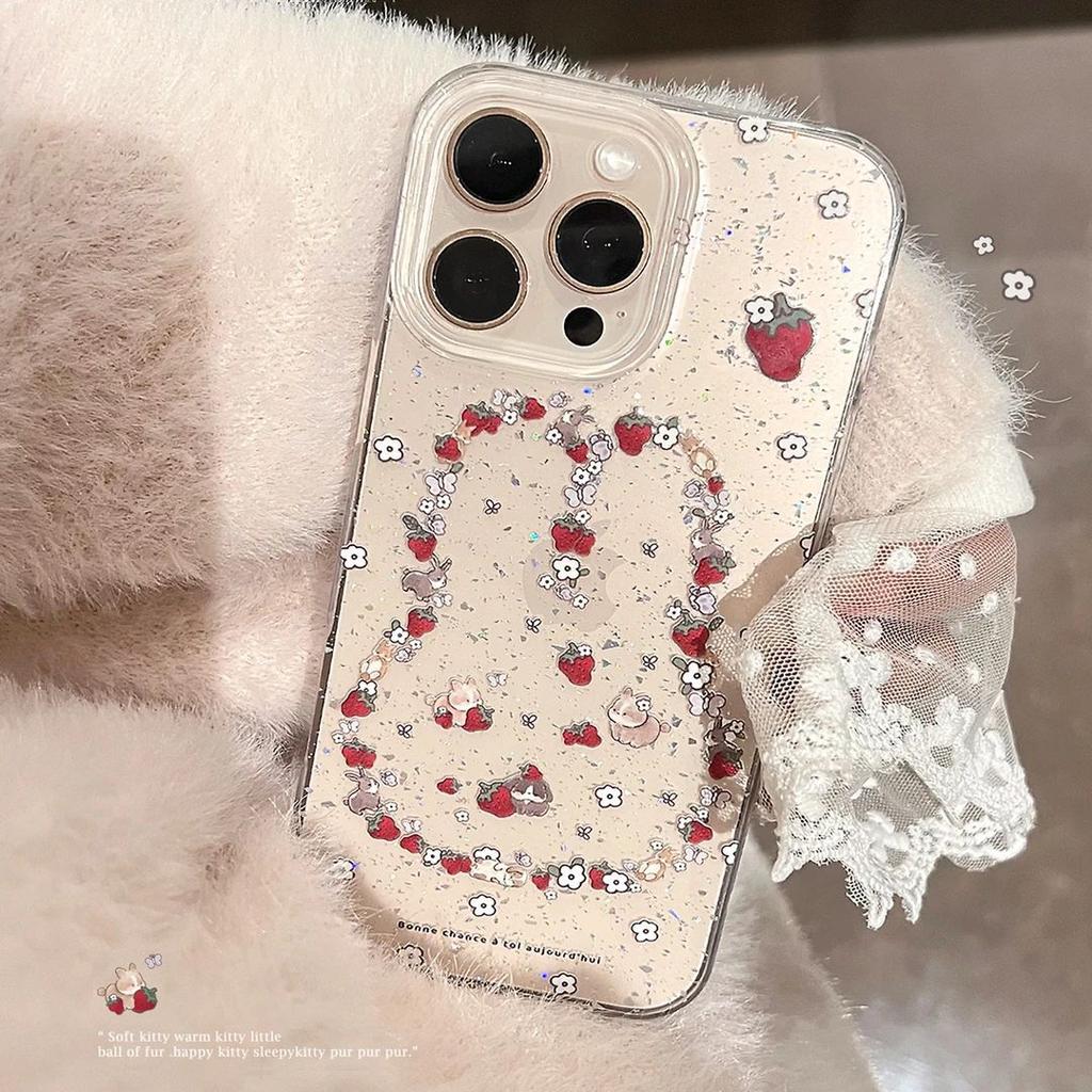 Broken flower strawberry rabbit for iPhone17/16pro mobile phone case Apple 15 glitter 14 soft case 12 fresh 13
