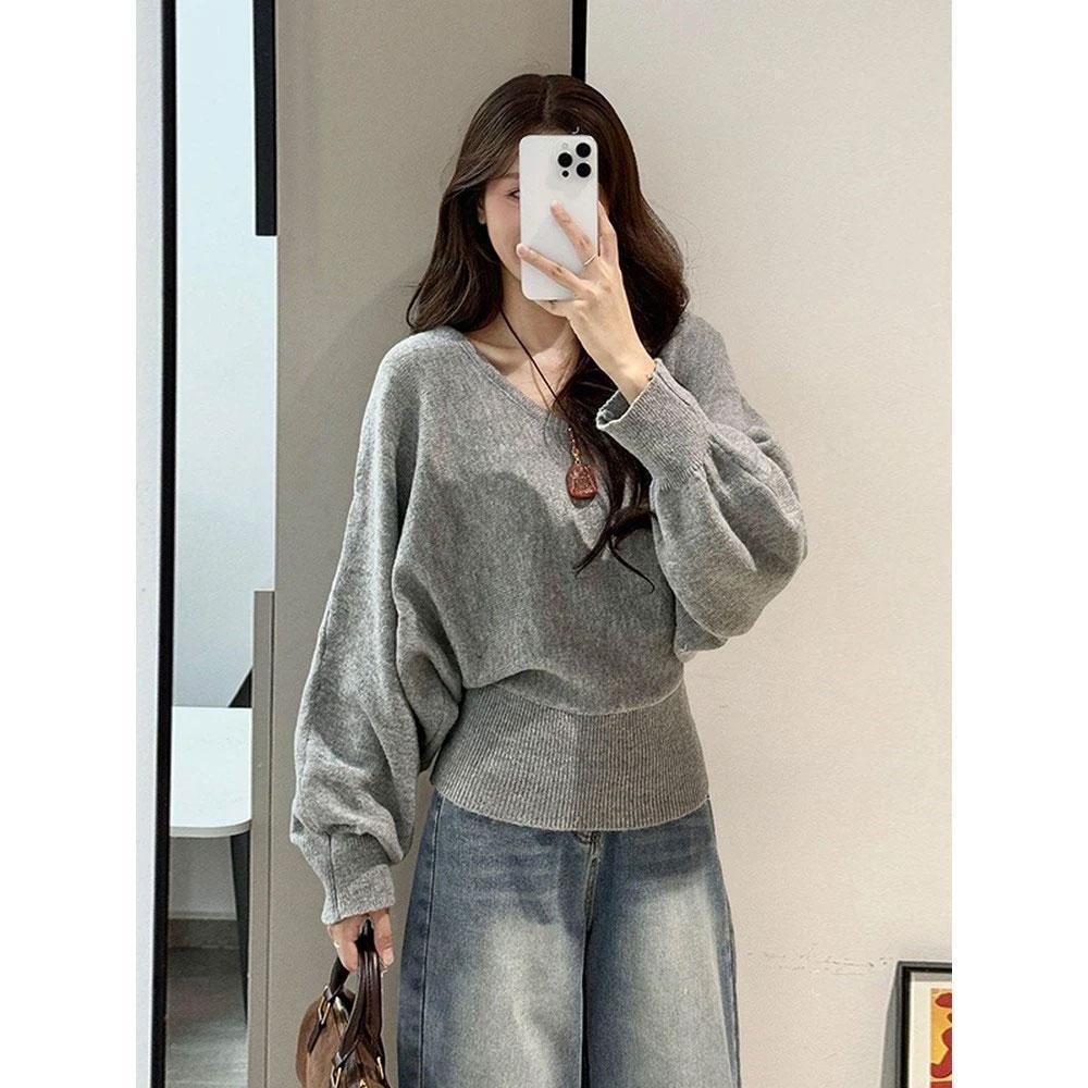 

Korean Plus Size V-Neck Batwing Knit Sweater with Tie-Up Waist - Women s Autumn Fashion 2XL (140-160 jin) светло-серый
