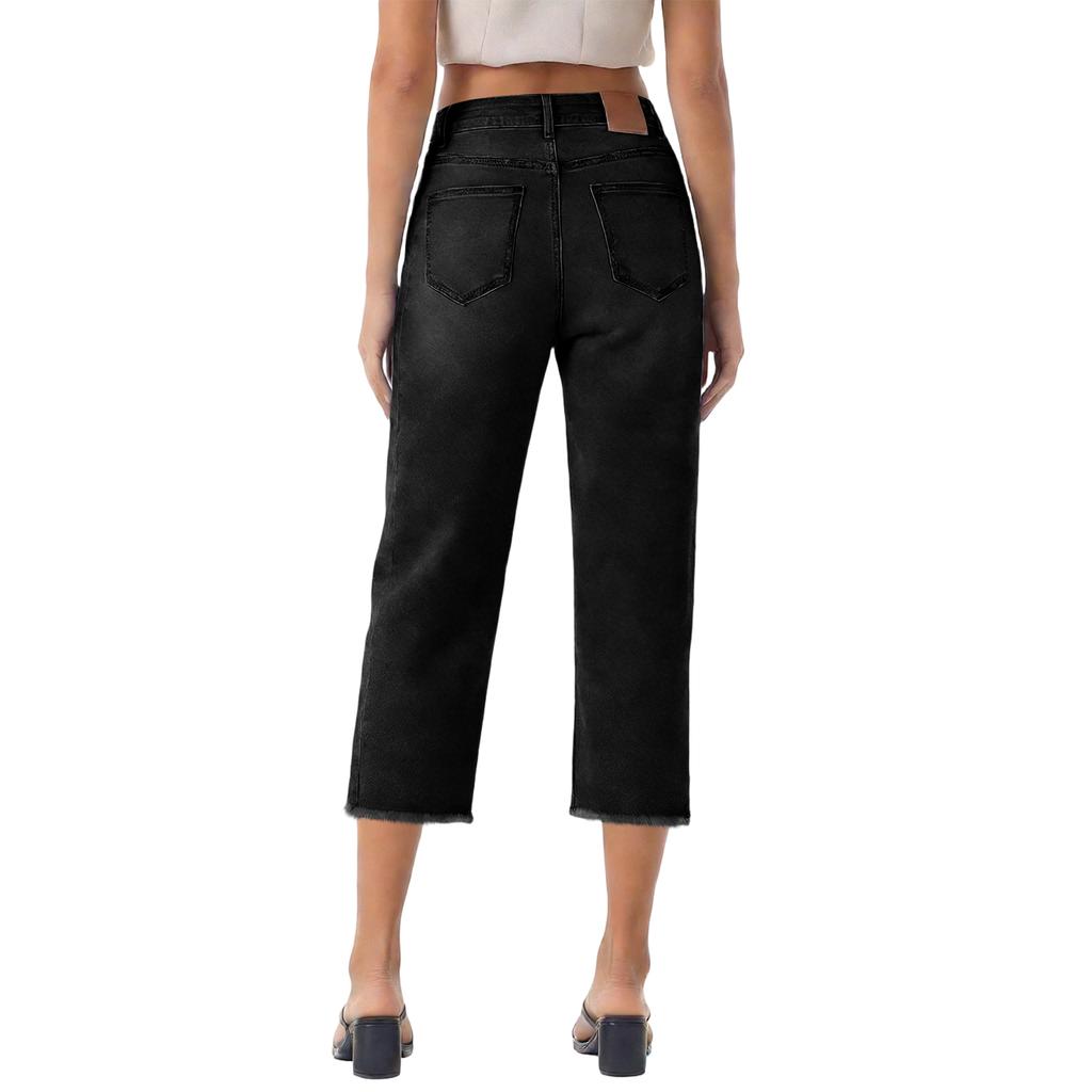 Pantalon Court Mode Taille Haute Classique Polyvalent en Denim pour Femmes