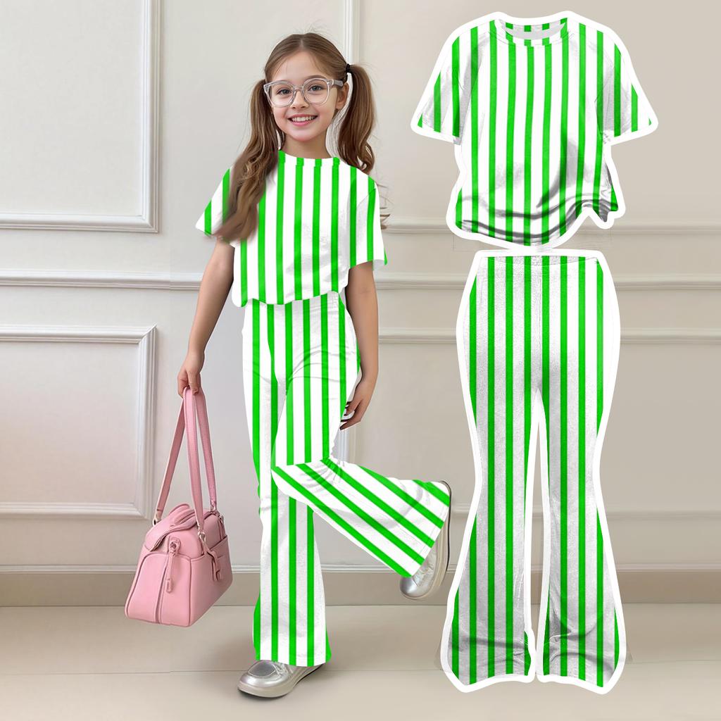 Kids Casual Two Piece Set Short Sleeve Top and Long Pants Striped Print Lightweight Comfortable Outfit for Everyday Wear
