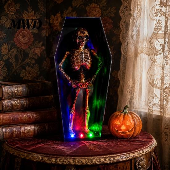 Interactive Halloween Music Box Dancing Skeleton In Casket, Light Up Musical Toy with Scary Prop LED Lights, Spooky Animated Decor, Party Haunted