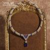 Vintage Blue Zircon Pendant Necklace Gold Color Choker Collar Woman Rhinestone Wedding Accessories Luxury Designer Jewelry 2025