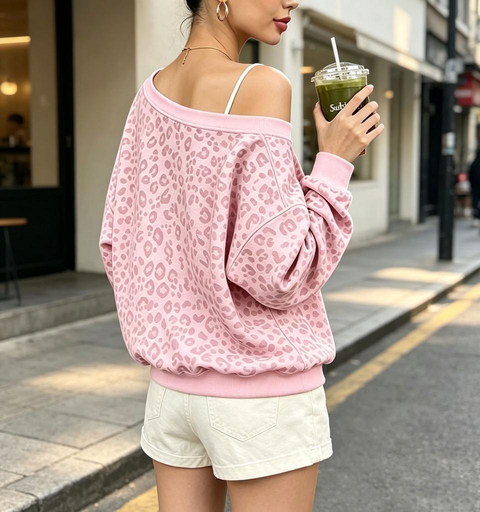 Damen Leopardenmuster Off-Shoulder Langarm Sweatshirt Locker Drop Shoulder Pullover Top