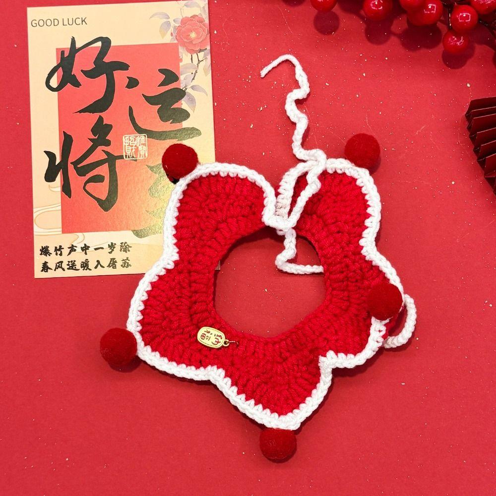 Cat Necklace Chinese-style New Year Knitted Pet Collar Red Warm Cat Tie Adjustable Length Pet Bib for Cats Puppy