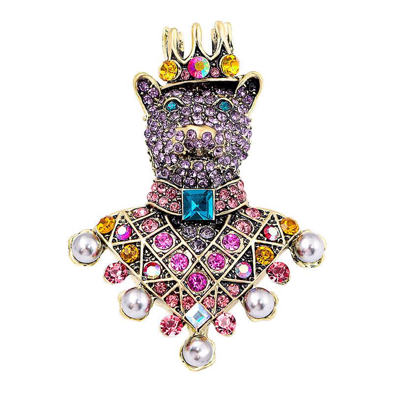 Vintage Full Rhinestone Bear King Brooches For Women Man Unisex Metal Colorful Animal Charm Brooch Pins Wedding Gifts