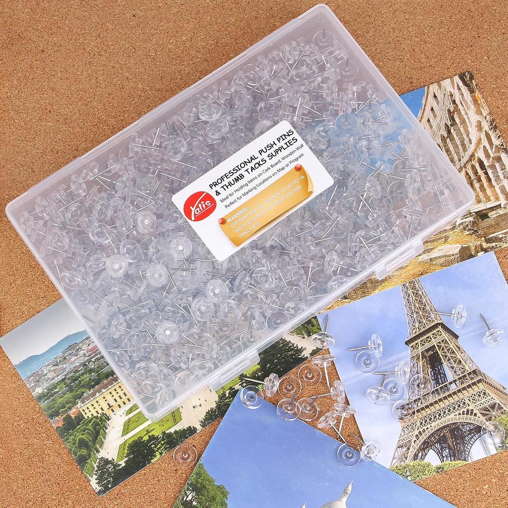 Push P 500-count Flat Clear Thumb Tacks Steel Point and Plastic Head for Corkboard and Wooden Photo Wall (Clear-500)