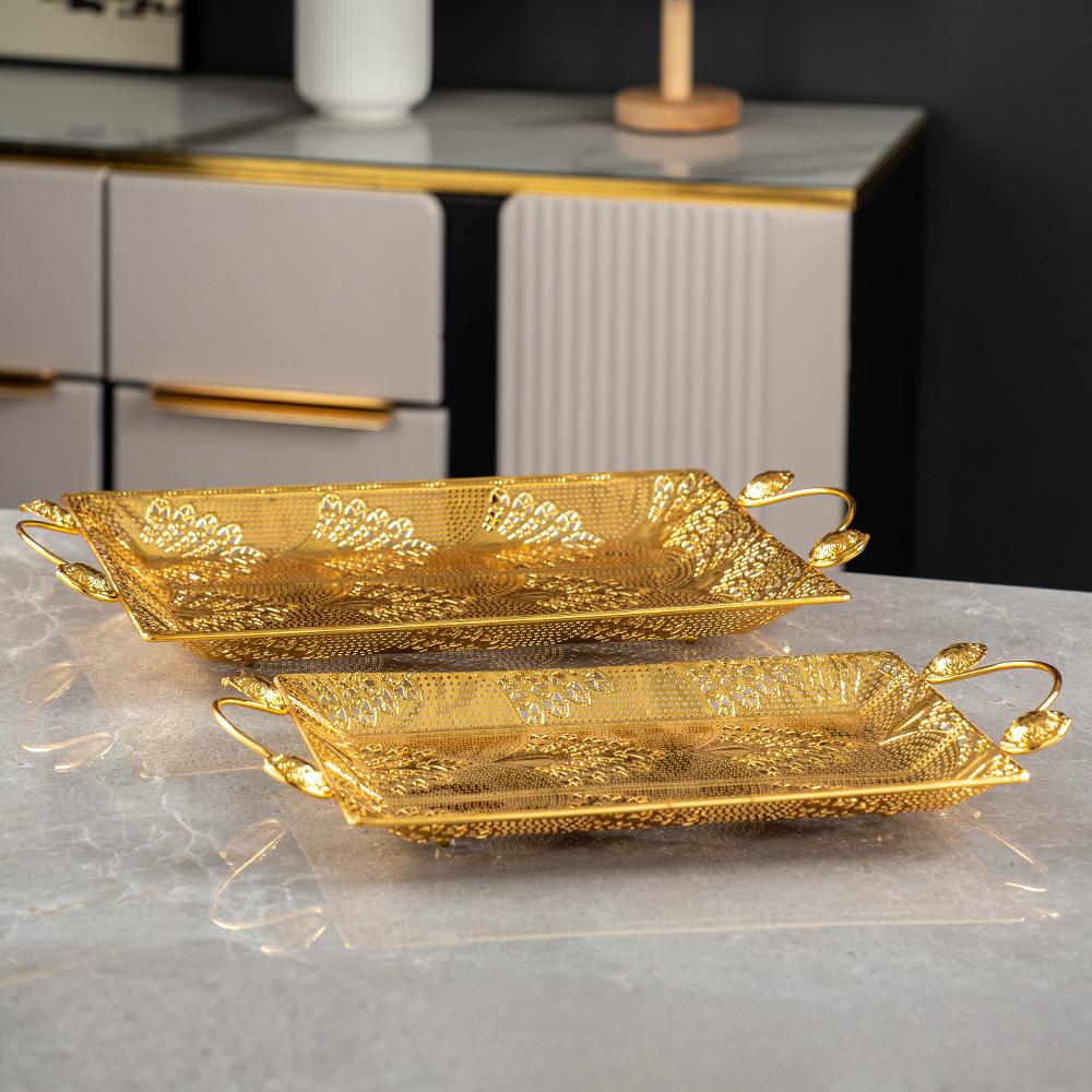 Long tray square gold hollow gift fruit and snack storage tray, restaurant snack candy and fruit tray storage containers