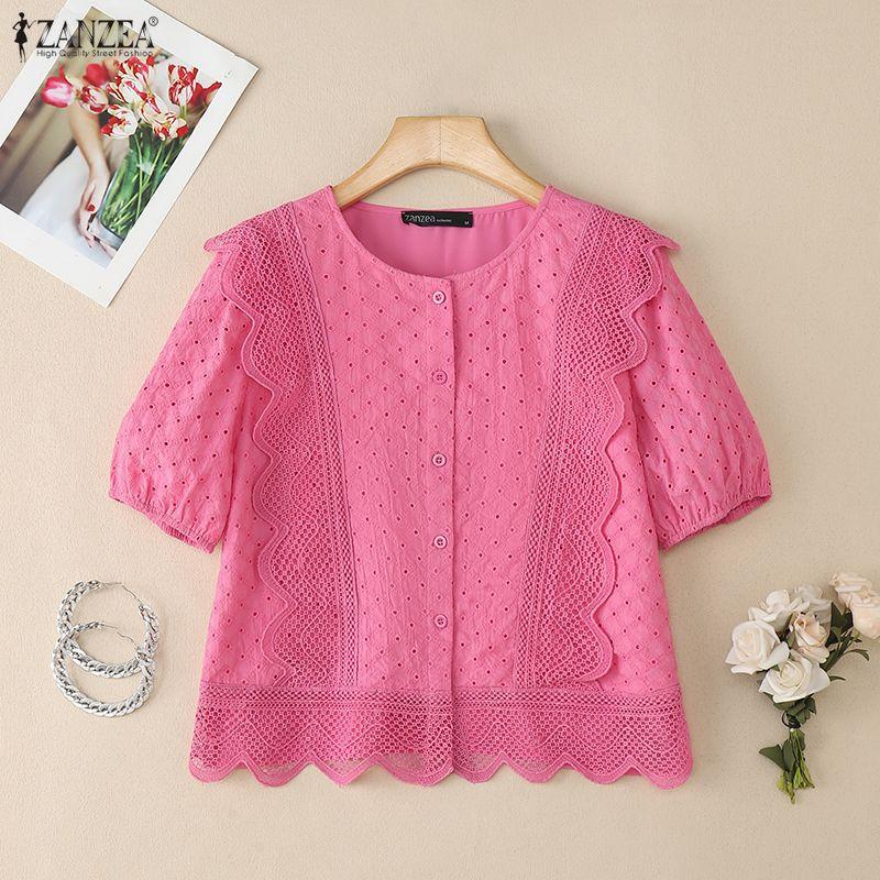 ZANZEA Women Casual Round Neck Patchwork Crochet Loose Short Sleeve Blouse