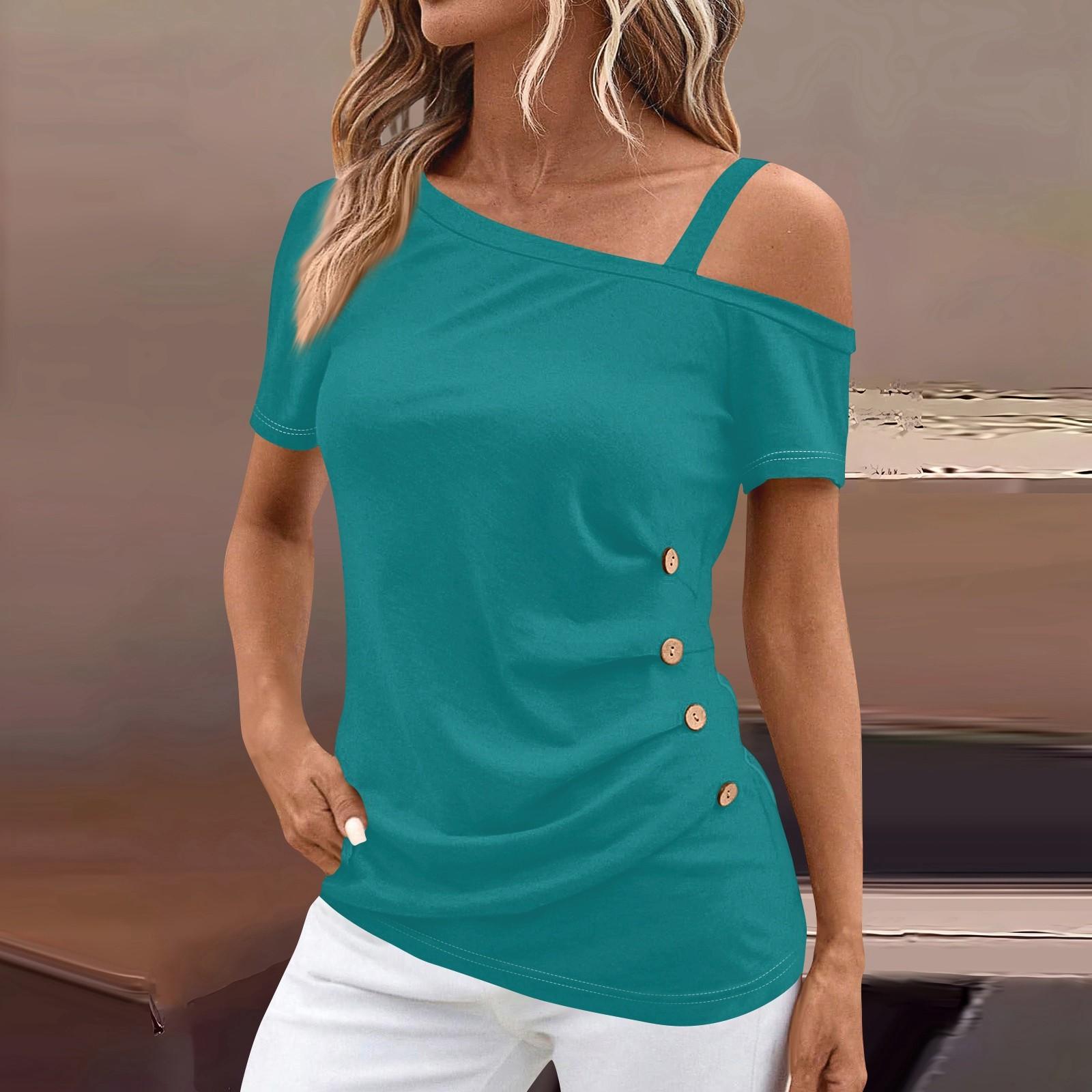 

Женские топы с открытыми плечами, плиссированные однотонные футболки с асимметричным вырезом и короткими рукавами S циан