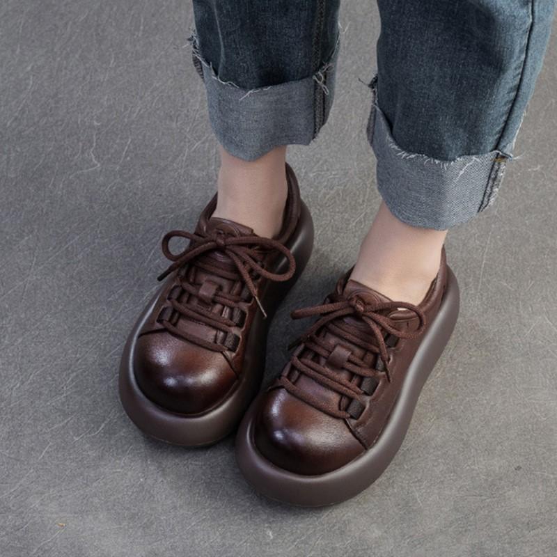 Johnature Versatile British Style Thick Soled Shoes Genuine Leather Retro Round Toe Lace Up Women's Shoes