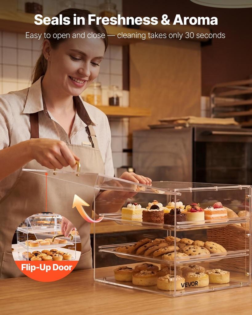 Bakery Display Case, 3-Tier Commercial Countertop Pastry Display Case, Clear Acrylic Bread Box for Kitchen, Party Cake Cabinet with Flip-Up Door for