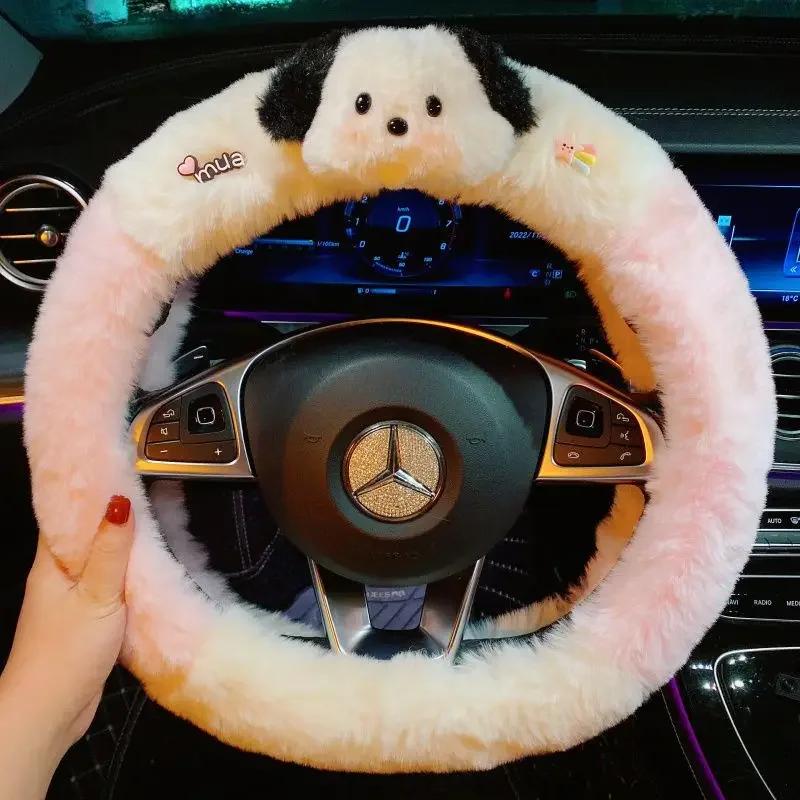Winter Cute Pochacco Car Steering Wheel Cover Warm Plush Cartoon Anti Slip Handle Cover for Men and Women Cute Car Accessories