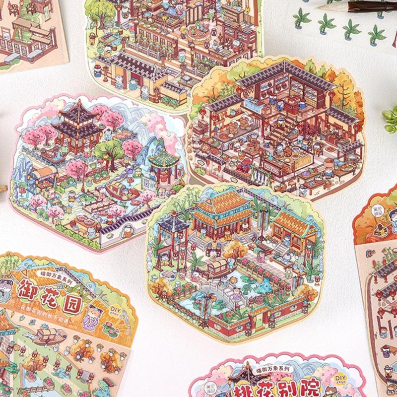 3D Szenenaufkleber Chinesischer Stil Landschaftsaufkleber Katzenhütte Handkontoaufkleber Etiketten Journaling-Zubehör
