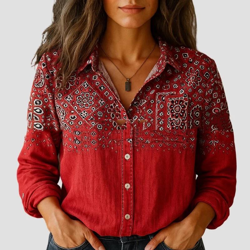 Women Vintage Floral Print V Neck Ruffle Collar Long Sleeve Button Down Blouse With Pockets