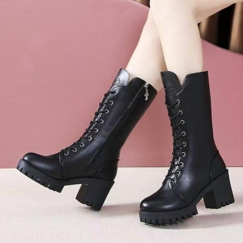 Chunk-heeled Mid-calf Boots, New Women's Shoes, Versatile High-heeled Women's Boots