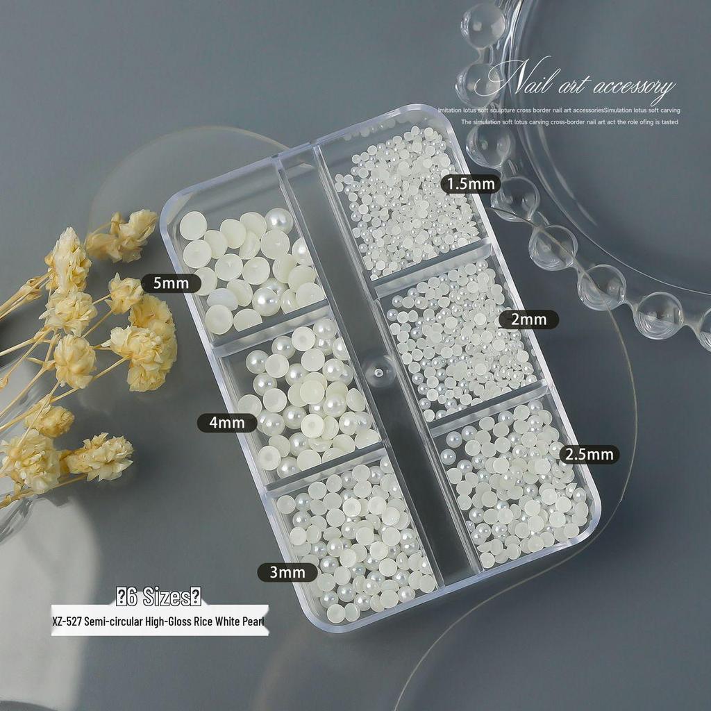 12-Grid High-Gloss Pearl Rice White Nail Art Decorations: 6-Piece Round and Half-Round Mixed Size Set